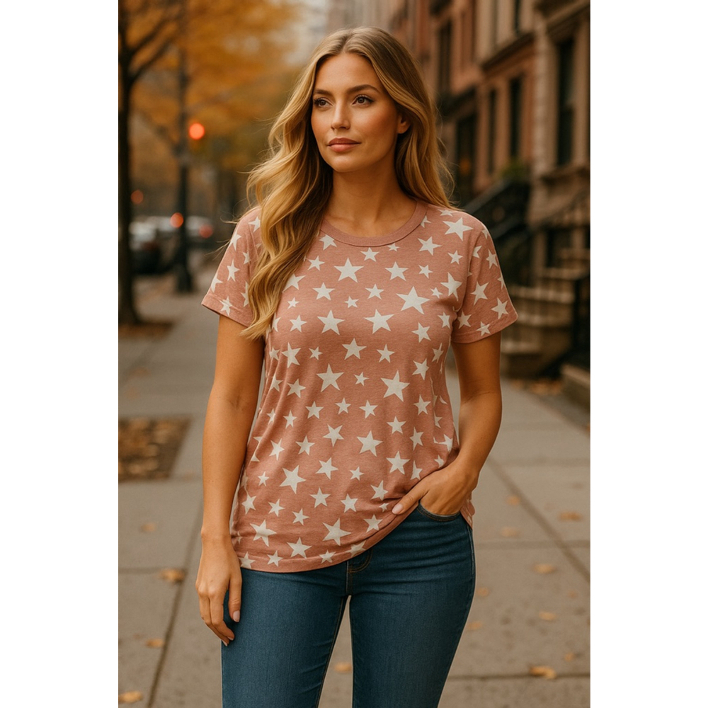 Pink Star Print Short Sleeve Tee L Comfy Casual Lounge Soft Girl Relaxed Basic L - Picture 1 of 5